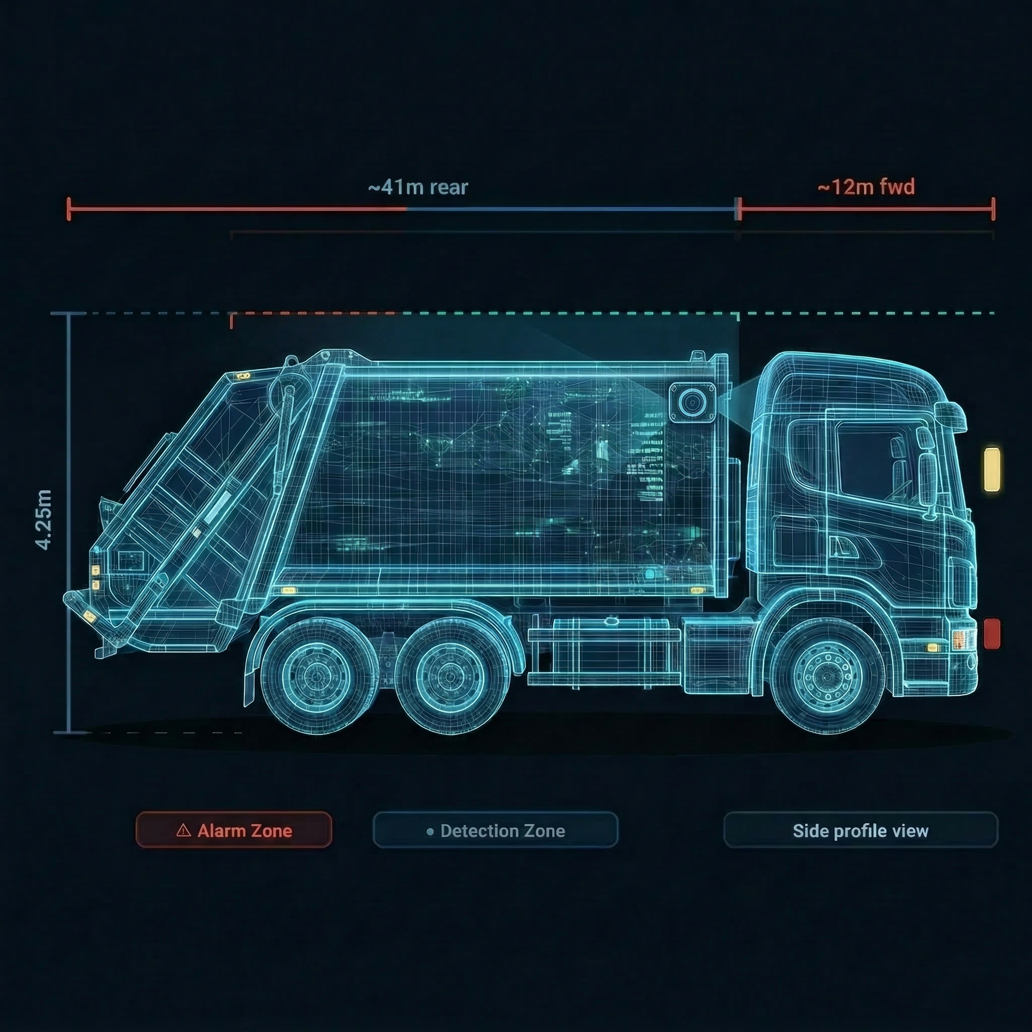 S-Vision BSD side profile detection zones showing ~41m rear and ~12m forward coverage on a waste collection vehicle